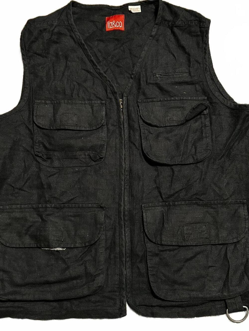 90s Liz&Co Vintage Linen Cotton Black Fisherman Style Vest With Pockets Size M